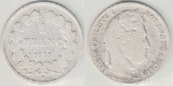 1835 A France silver 1 Franc A002548